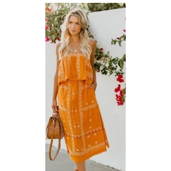Fate Dresses & Skirts - Fate Womens Strapless Mustard Embroidered Ruffle Cotton Boho MIDI Dress Sz M